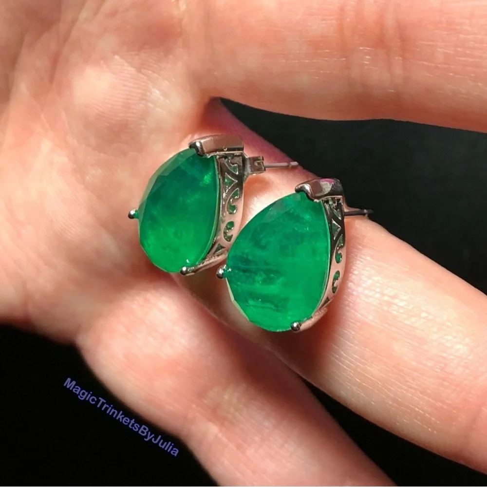 Colombian Emerald Earrings Silver Posts Pearcut Emerald Earrings